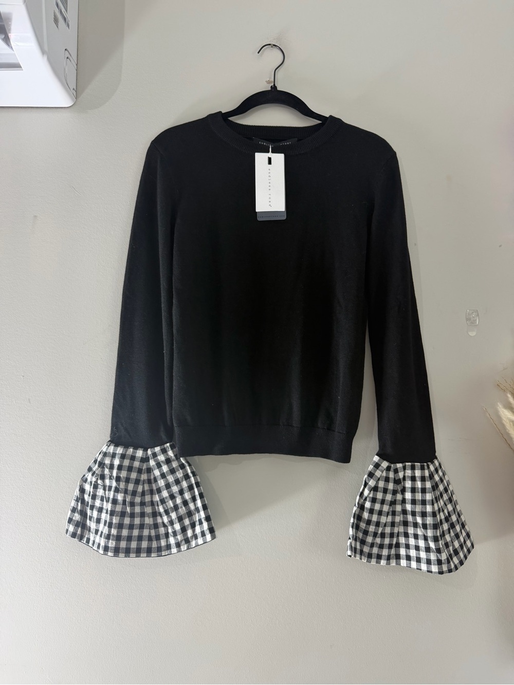 English Factory Black Sweater with Black-and-White Gingham Bell Sleeves